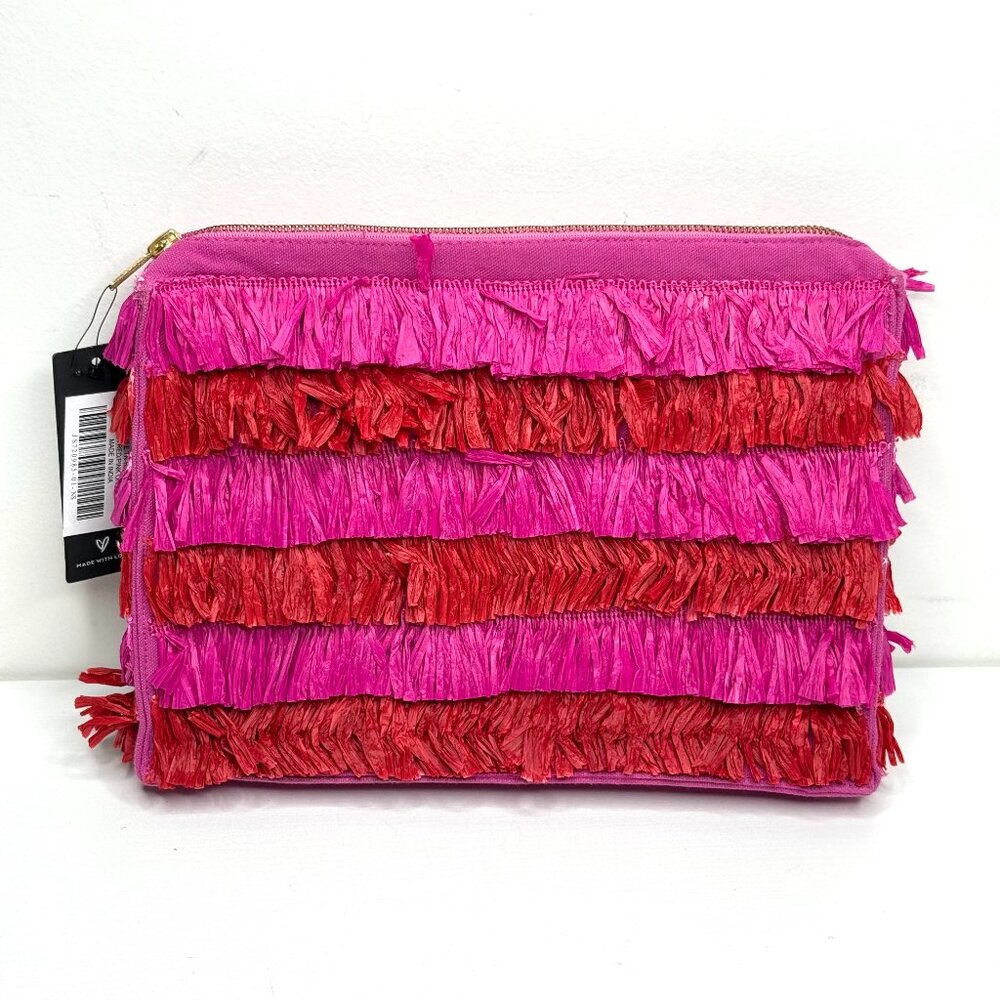 Lulus Girl's Best Raffia Straw Fringe Boho Tropical Clutch Bag Red Pink NEW